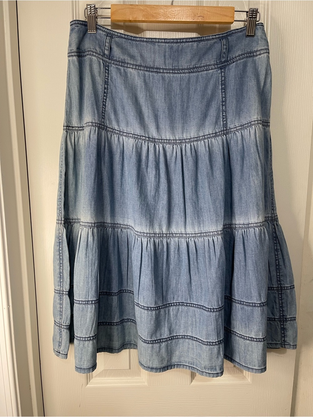 Sundance Light Blue Denim Tiered Western Cowgirl Bohemian Cotton Midi Skirt 8 - Picture 1 of 6
